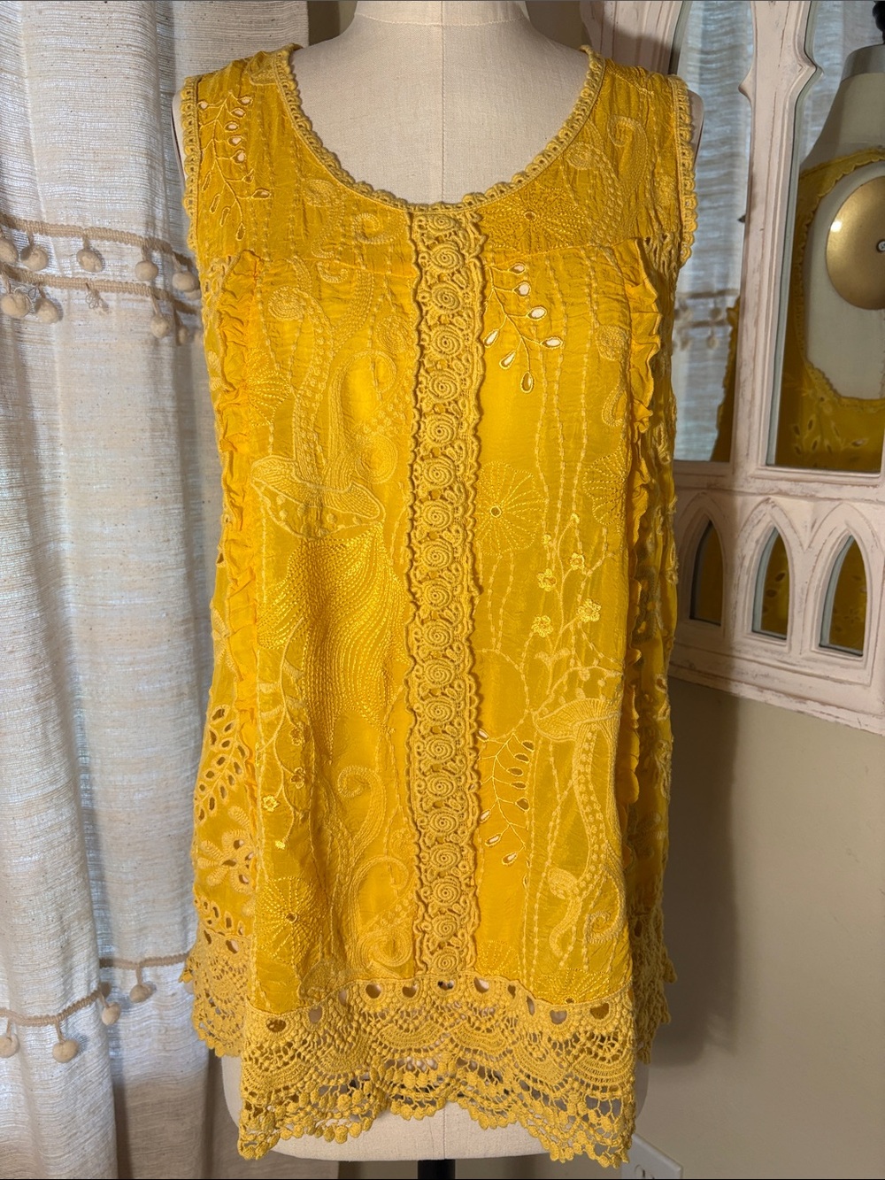 Johnny Was Bright Yellow Embroidered Eyelet Tank